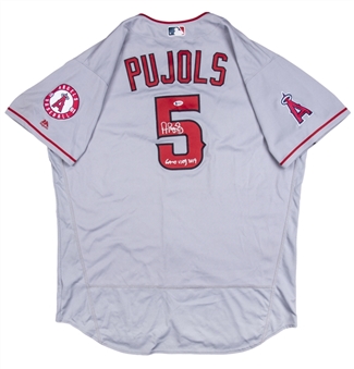 2017 Albert Pujols Game Used, Signed & Inscribed Los Angeles Angels Road Jersey Used On 7/9/2017 For Career Home Run #604 (MLB Authenticated & Beckett)
